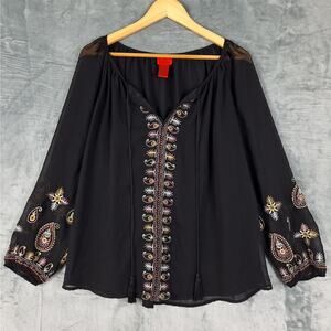 Womens Top Large Black Boho Embroidered Sheer‎ Paisley Whimsygoth Peasant Hippie
